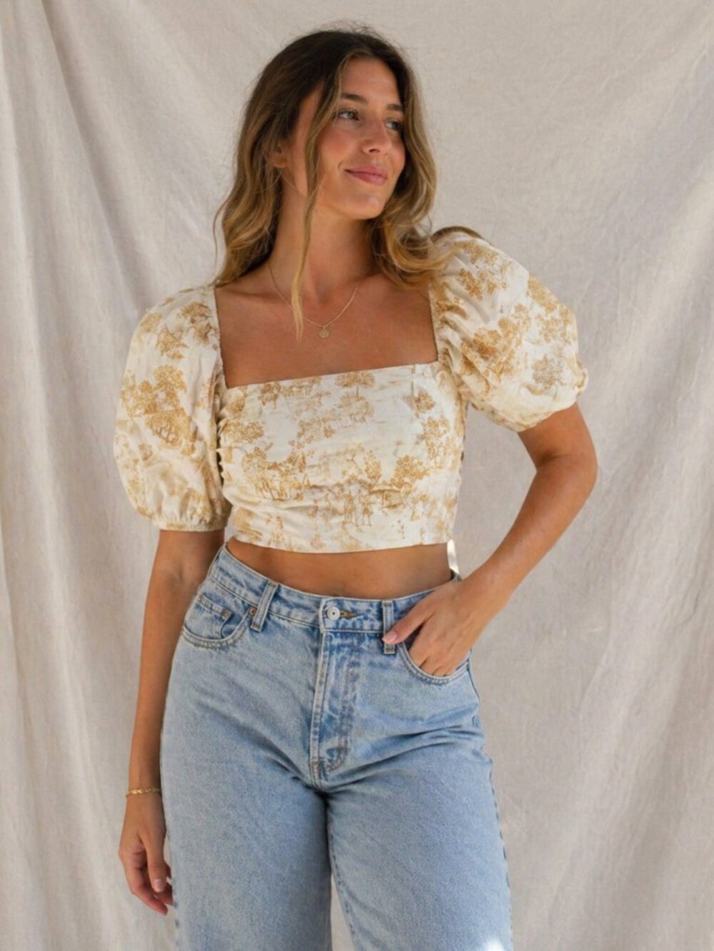 Shein Toile Print Puff Sleeve Crop Top Size Medium Cottagecore